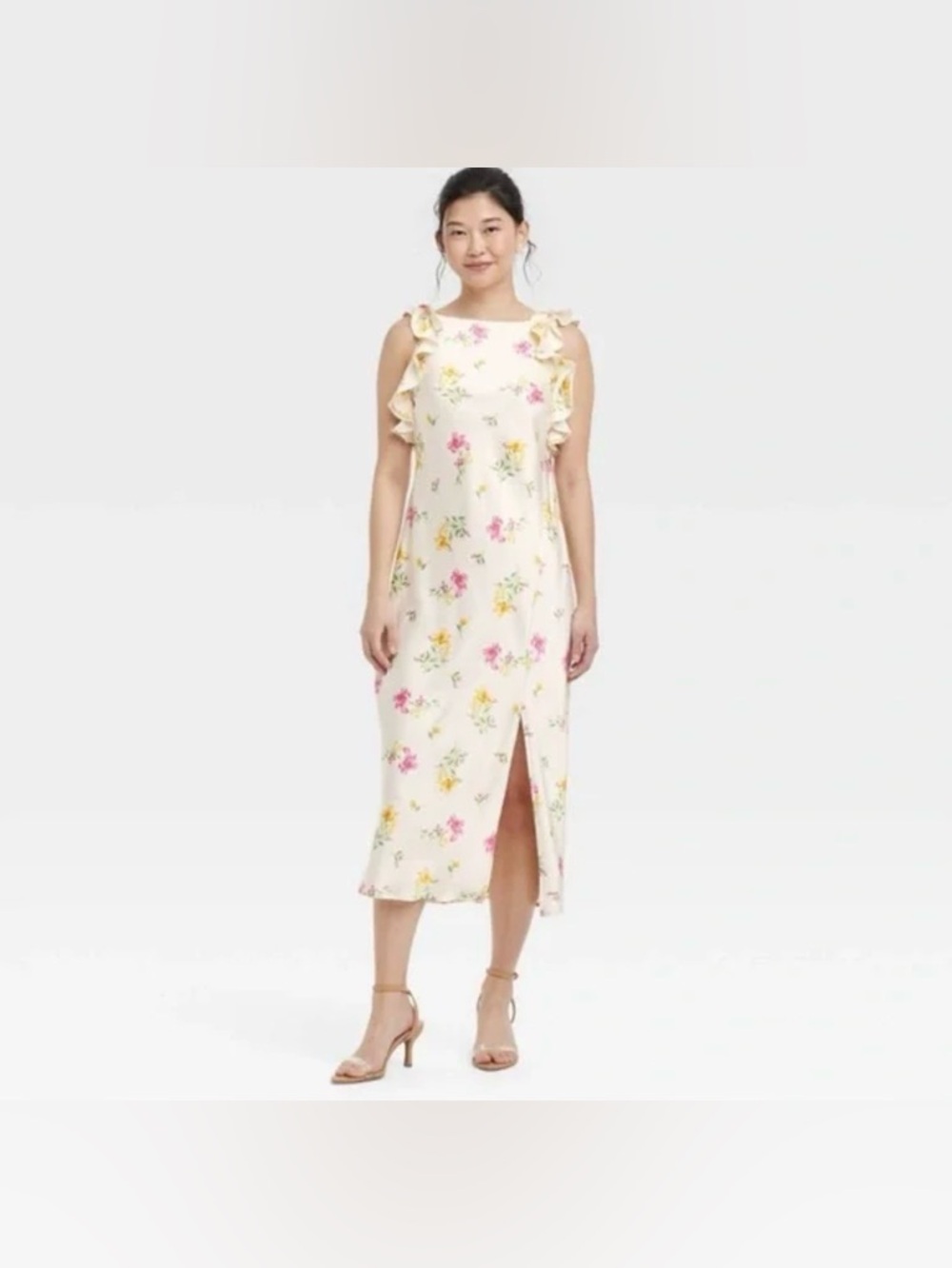 a new day Cream Floral Ruffle-Shoulder midi cottage romantic femenine Dress SZ M